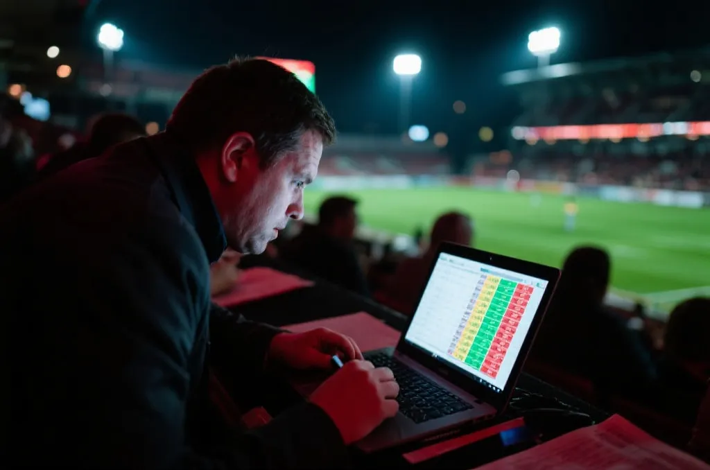 投注者在夜间分析比赛数据的场景