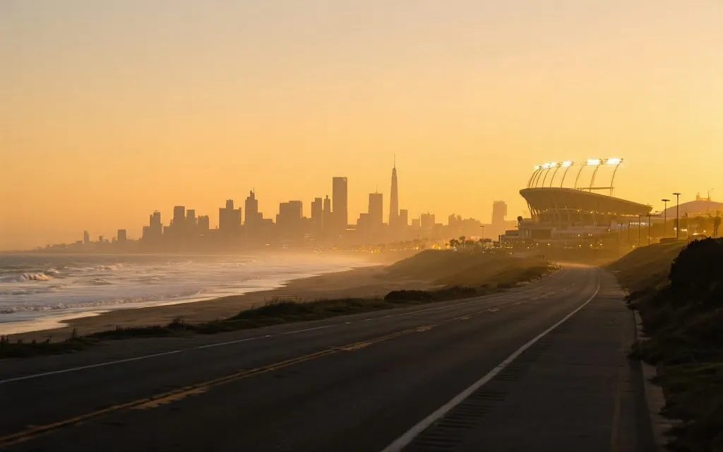 太平洋海岸城市看球旅行氛围图，海岸线与城市天际线相连